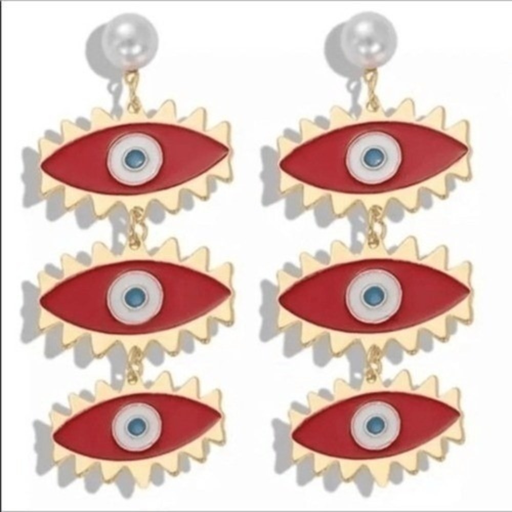 Boutique Evil Eye Earrings Red NEW Triple Tier Pearl Drop Statement